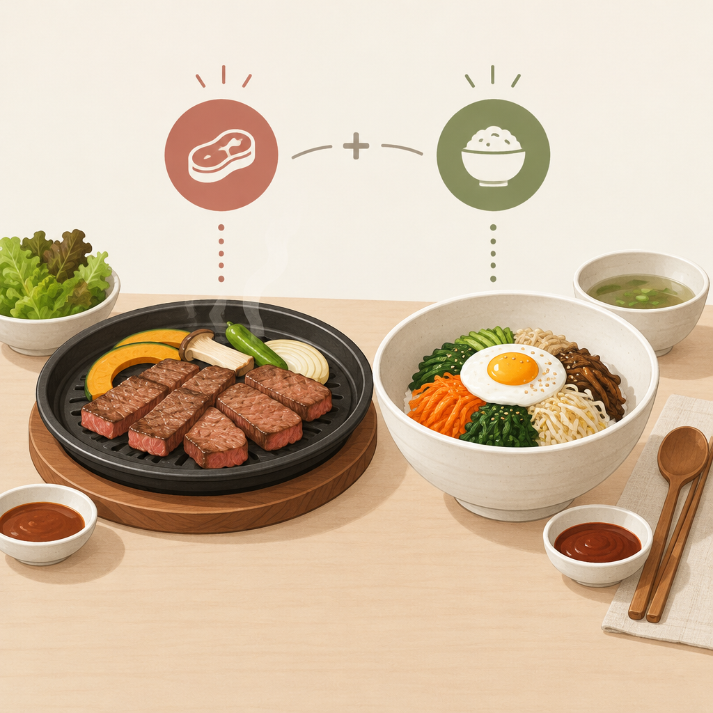 AI 생성 설명 이미지: 안산일동한우 유니드정육식당 | 구이와 비빔밥을 함께 고를 때 구성 정하기