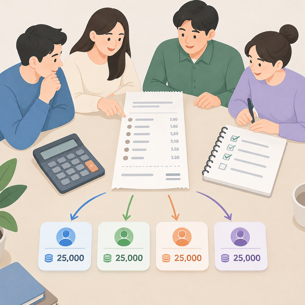 AI 생성 설명 이미지 1: 안산일동한우 식사 뒤 영수증으로 개인 부담액 나누는 체크리스트