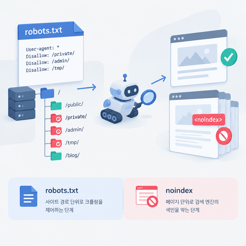 AI 생성 설명 이미지: GEO 세팅 해주는곳 AI SGAEO | robots.txt와 noindex 적용 위치 점검표